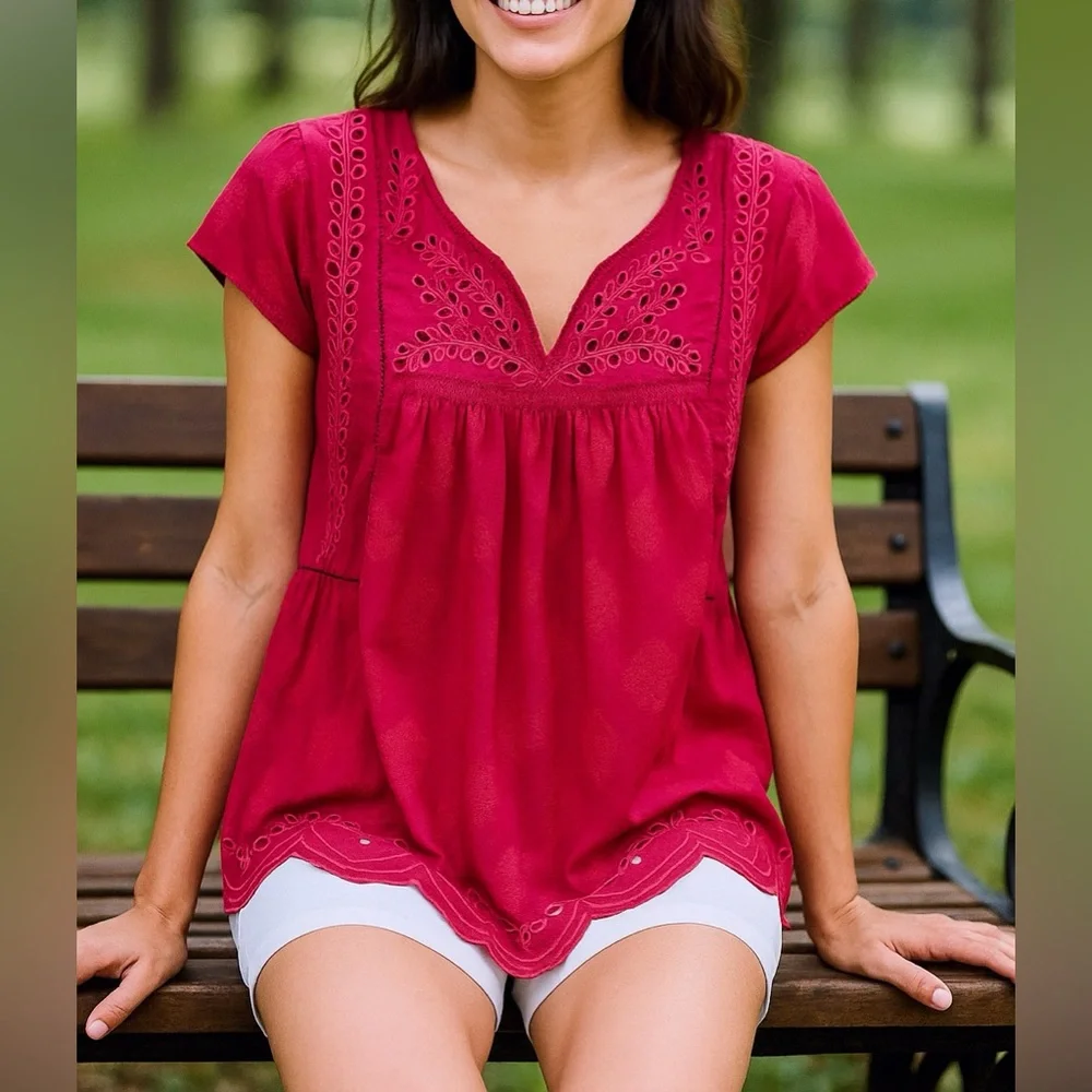 Lucky Brand Pink Red Eyelet Embroidered
Boho Indian Style Blouse Size S - Picture 2 of 11
